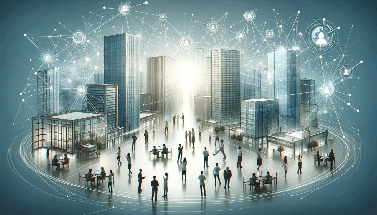 Ilustración de una red digital conectando a personas y edificios empresariales en un entorno moderno.