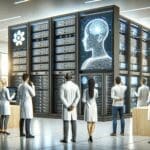 Laboratorio moderno con ingenieros observando pantallas de inteligencia artificial y grandes servidores.