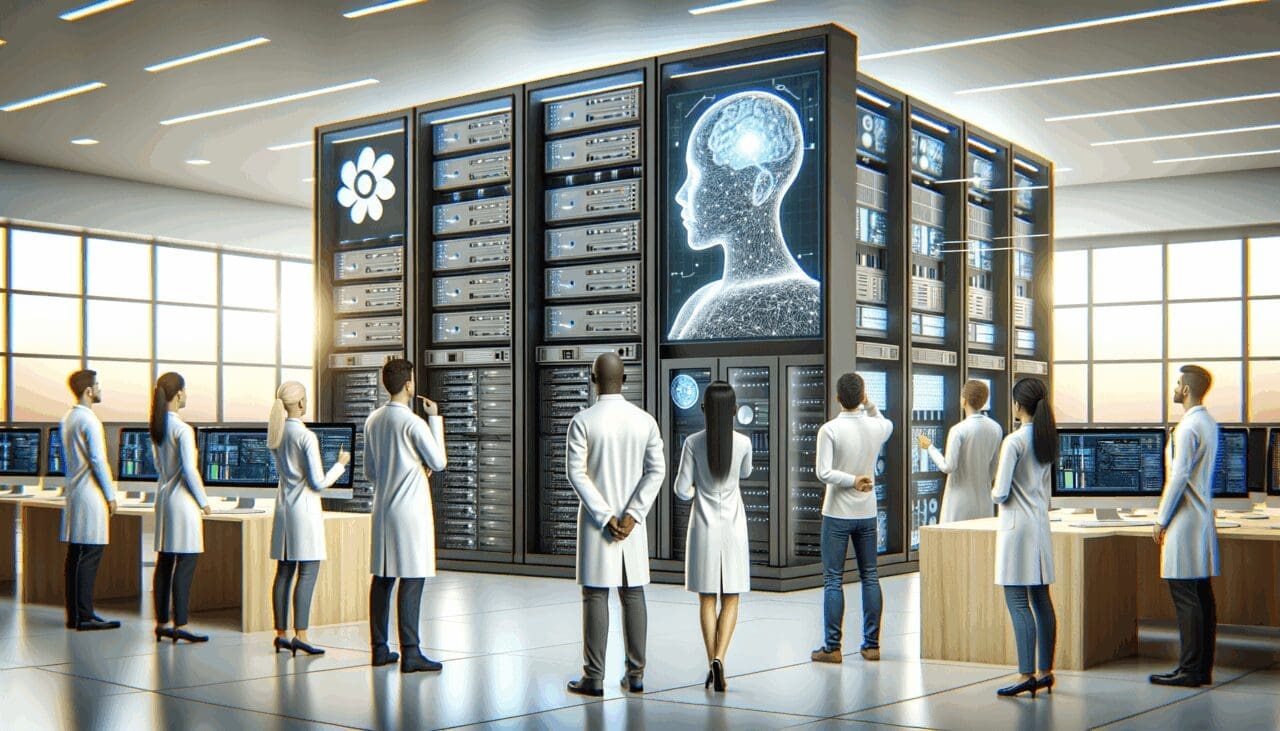 Laboratorio moderno con ingenieros observando pantallas de inteligencia artificial y grandes servidores.