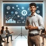 Joven emprendedor presentando un plan de crowdfunding en un evento tecnológico
