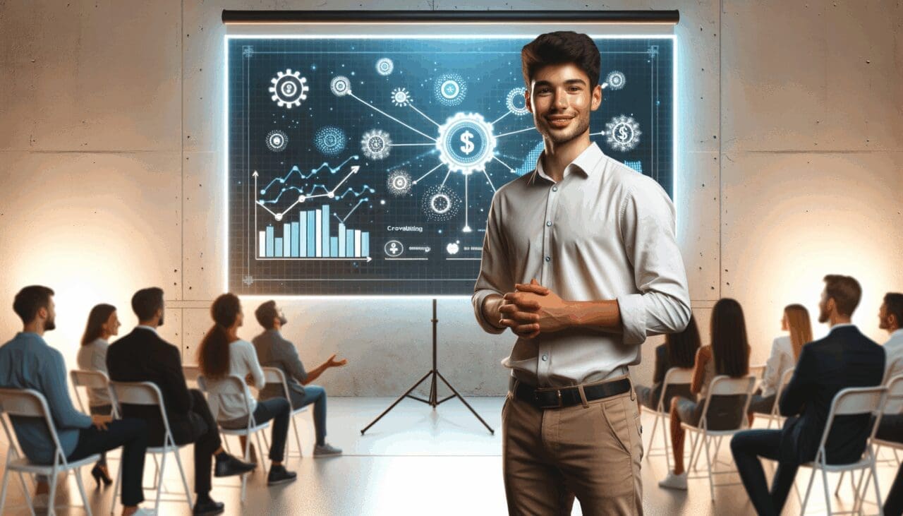 Joven emprendedor presentando un plan de crowdfunding en un evento tecnológico
