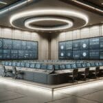 Primer plano de una sala de control tecnológica con pantallas y equipos de monitoreo industrial modernos.
