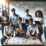 Emprendedores jóvenes revisando ideas en una sala moderna con fondo tecnológico desenfocado.