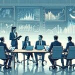 Ilustración de una reunión de inversores en un entorno tecnológico moderno con pantallas de datos y gráficos.