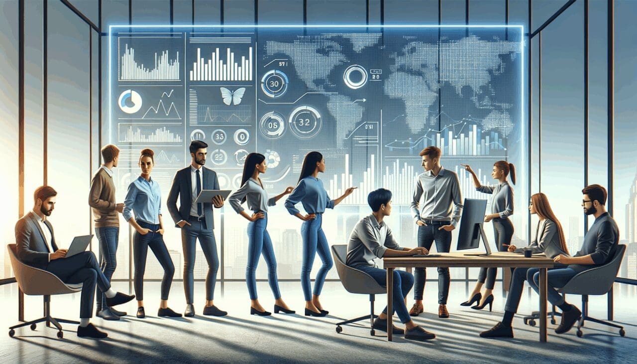 Ilustración de jóvenes profesionales colaborando frente a pantallas digitales con gráficos y datos en una oficina moderna.