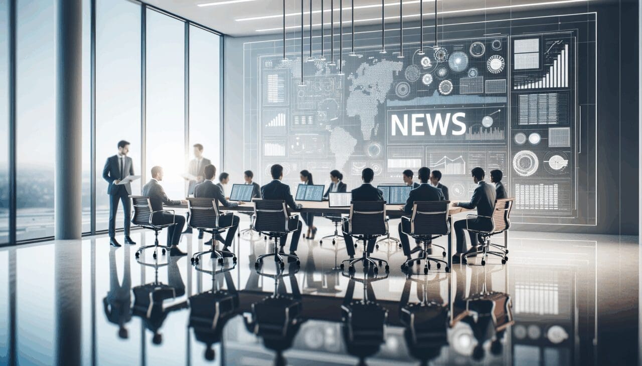 Sala de reuniones moderna con equipos tecnológicos y emprendedores trabajando juntos.