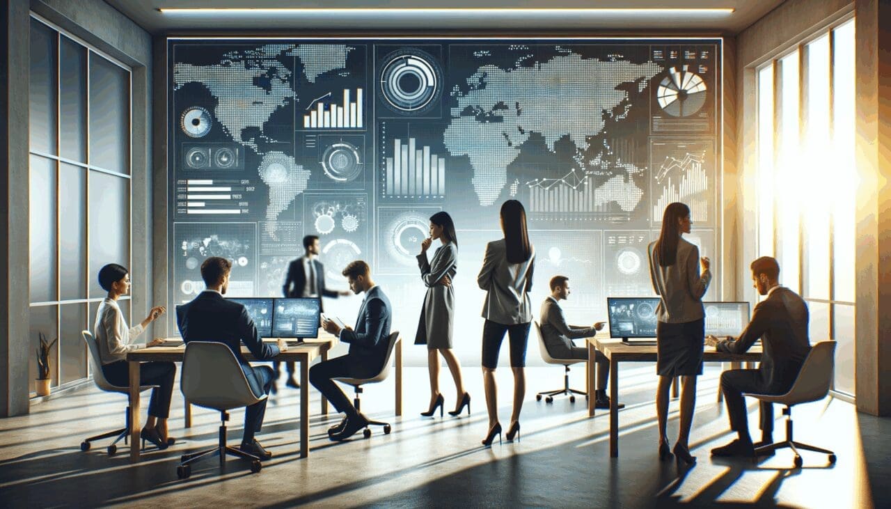 Oficina moderna con emprendedores colaborando frente a pantallas con gráficos y datos digitales.