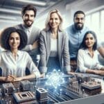 Equipo diverso trabajando en un laboratorio tecnológico moderno con componentes cuánticos sobre la mesa