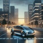 Render futurista de un taxi eléctrico autónomo recorriendo una ciudad moderna al atardecer.