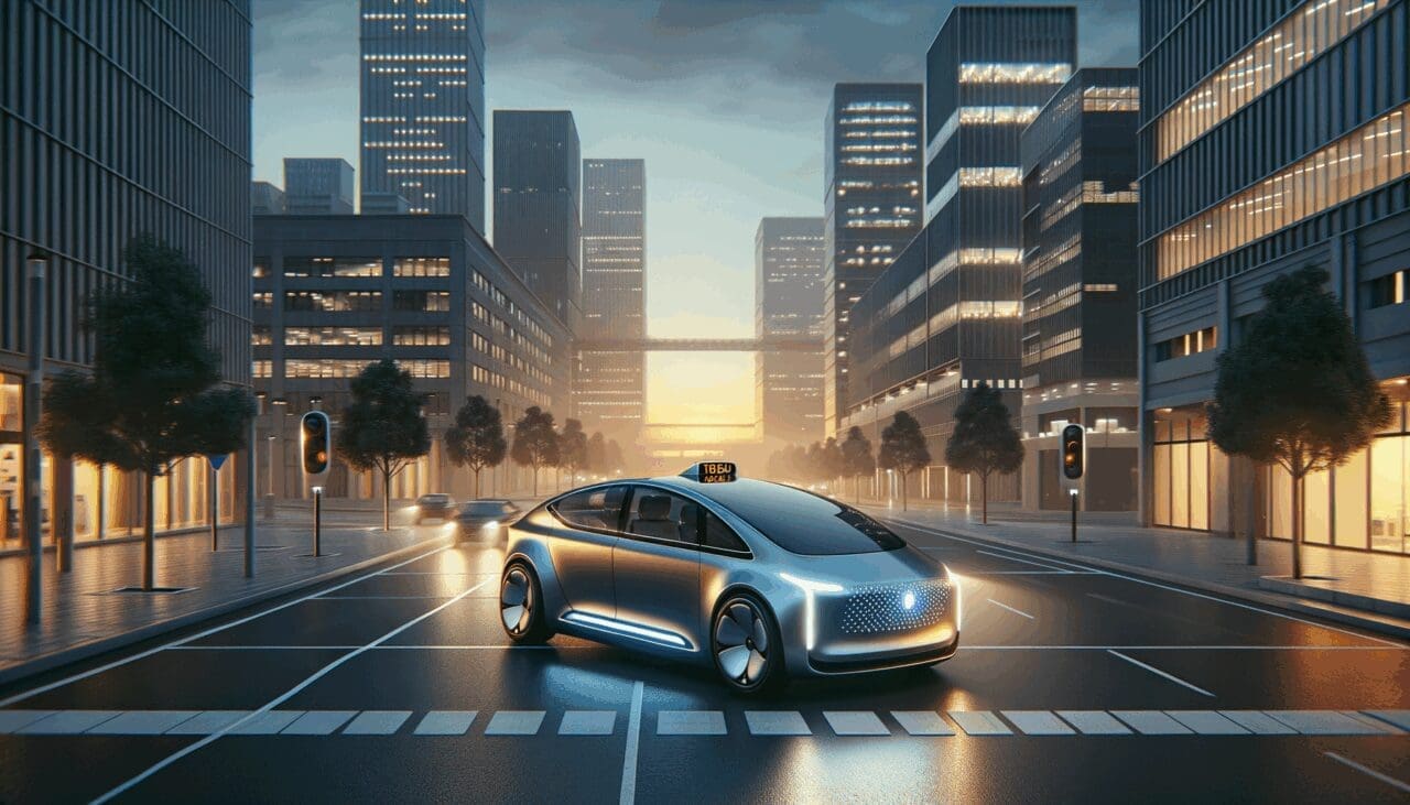 Render futurista de un taxi eléctrico autónomo recorriendo una ciudad moderna al atardecer.