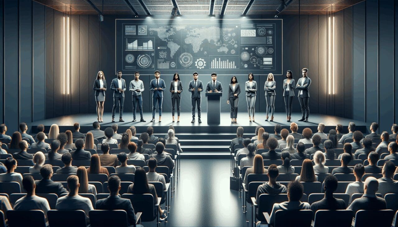 Grupo de jóvenes emprendedores presentando sus ideas en un moderno auditorio universitario, con focos y ambiente tecnológico.