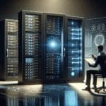 Ilustración de servidores digitales y una figura tecnológica analizando datos en un entorno oscuro y moderno.