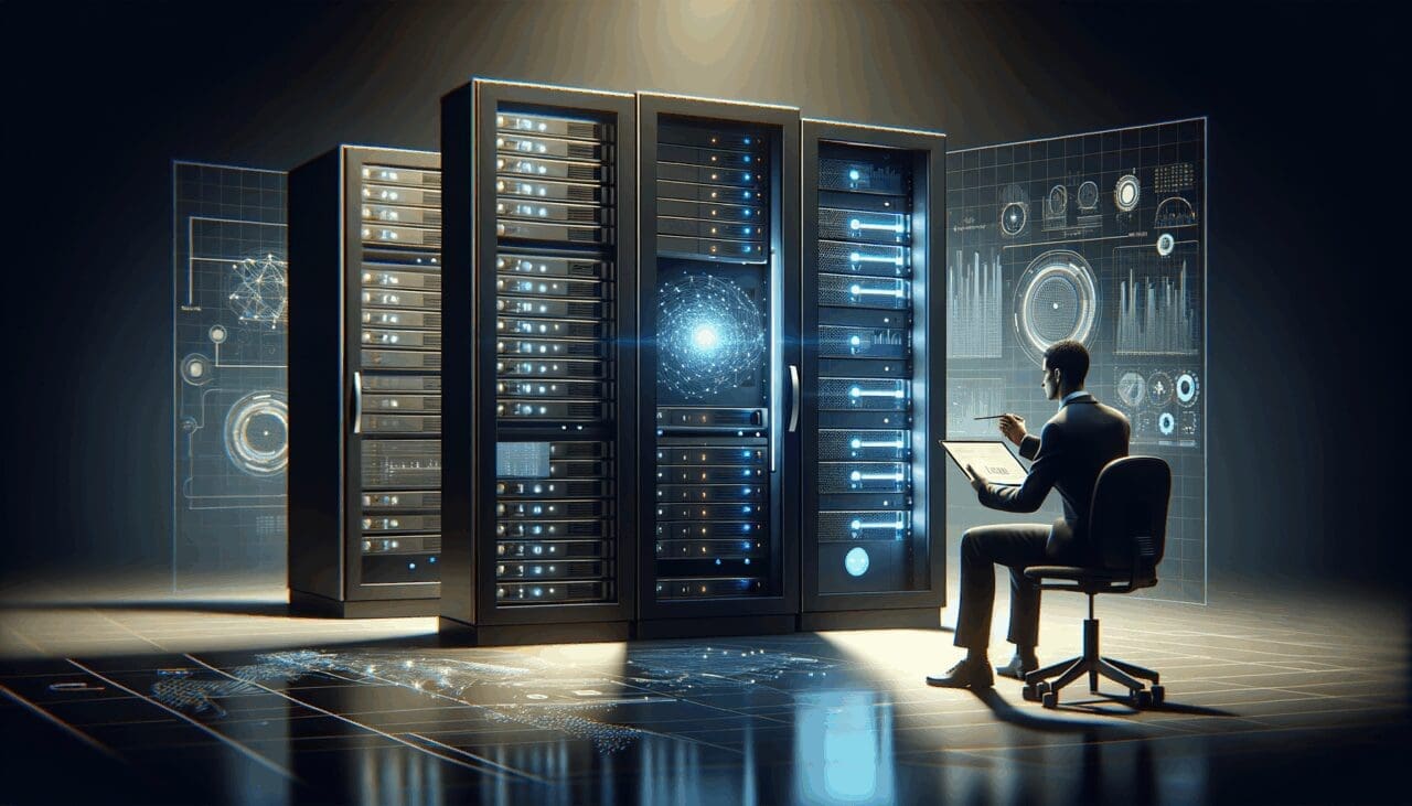 Ilustración de servidores digitales y una figura tecnológica analizando datos en un entorno oscuro y moderno.