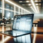 Primer plano de una laptop encendida sobre una mesa en oficina moderna, fondo desenfocado, ambiente tecnológico.