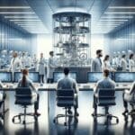 Laboratorio moderno con científicos desarrollando tratamientos innovadores, ambiente profesional y tecnológico.