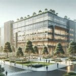 Edificio moderno de parque tecnológico rodeado de vegetación y áreas de trabajo colaborativo.