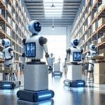 Robots autónomos operando en un almacén moderno.