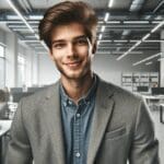 Retrato editorial de un empresario joven en una oficina tecnológica moderna, con ambiente dinámico.