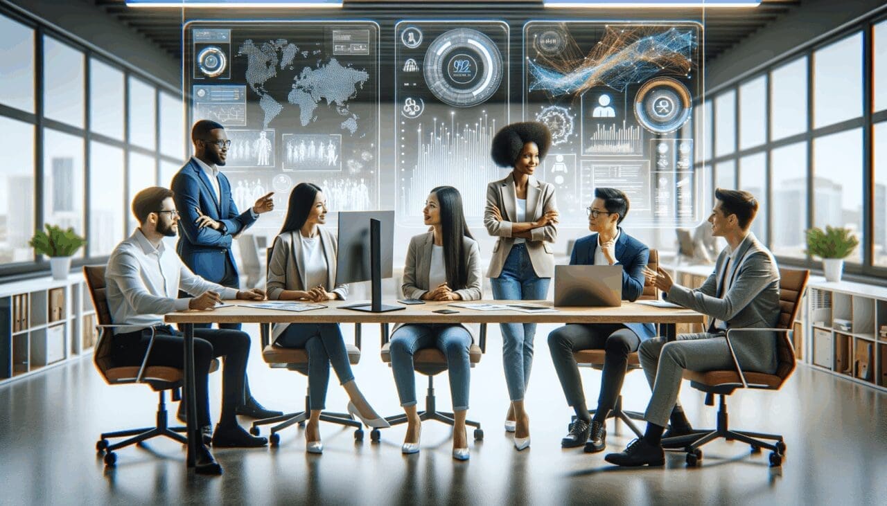 Grupo diverso de profesionales colaborando en una oficina moderna con gráficos digitales y pantallas que muestran datos de inteligencia artificial.