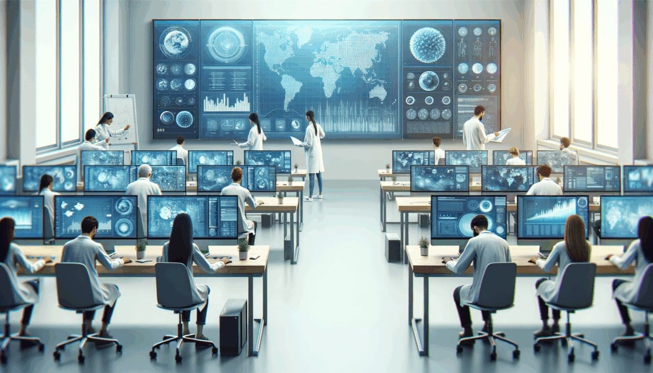 Laboratorio moderno con computadoras y científicos analizando datos en pizarras digitales.