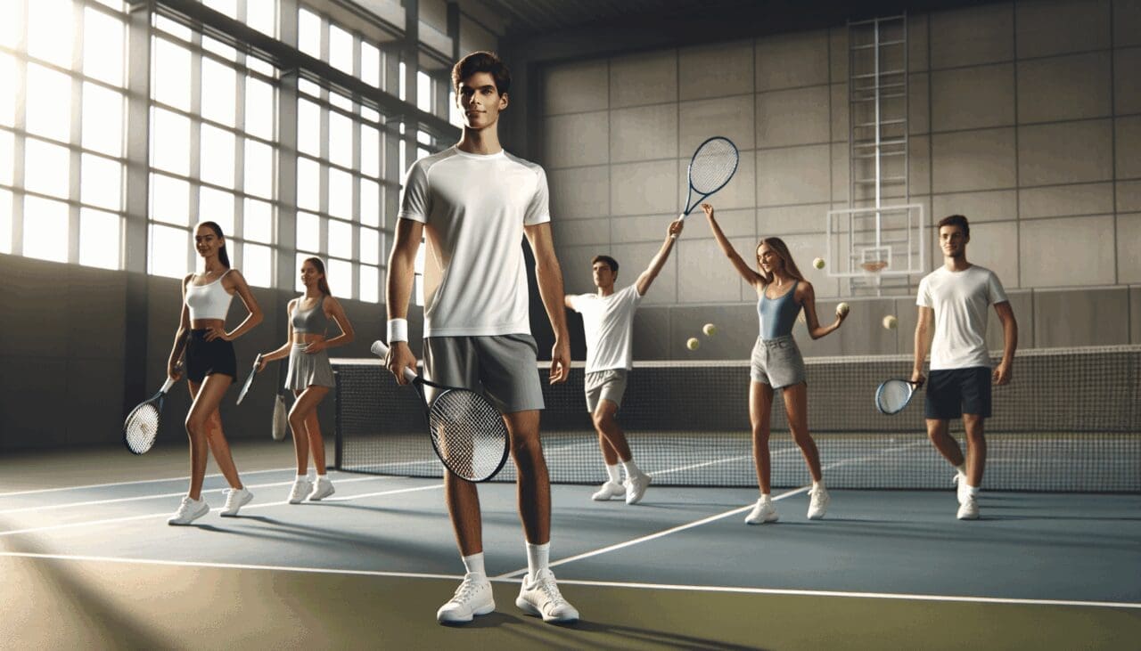 Jóvenes practicando tenis en una pista techada, tecnología y dispositivos de entrenamiento de fondo.