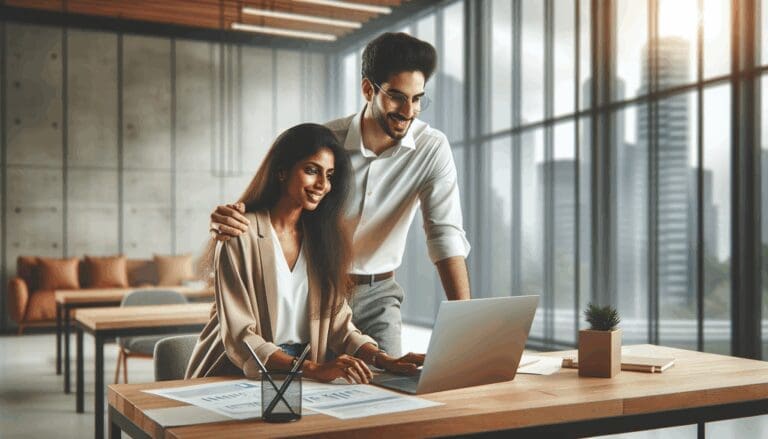 Espacios urbanos modernos con emprendedores colaborando en oficinas luminosas.