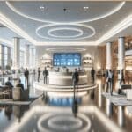 Lobby de hotel moderno con tecnología digital y dispositivos inteligentes, ambiente luminoso y profesional.