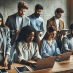 Grupo diverso de jóvenes emprendedores trabajando juntos en un espacio tecnológico moderno.