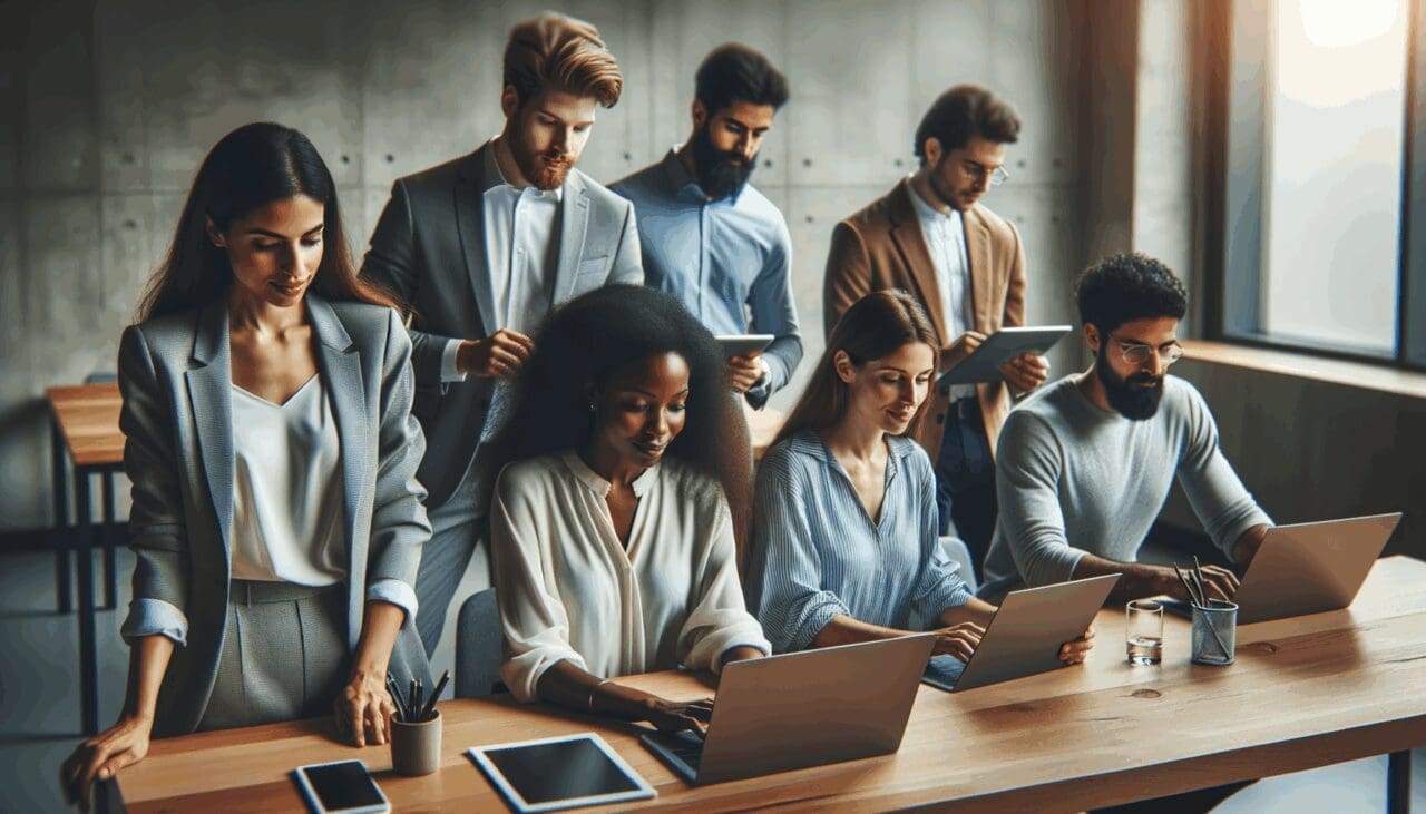 Grupo diverso de jóvenes emprendedores trabajando juntos en un espacio tecnológico moderno.