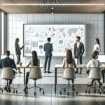 Reunión de jóvenes profesionales en un moderno hub de innovación con pizarras digitales y mesa de trabajo colaborativo.