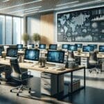 Oficina moderna con equipo tecnológico trabajando en computadoras y pantallas con gráficos de datos.