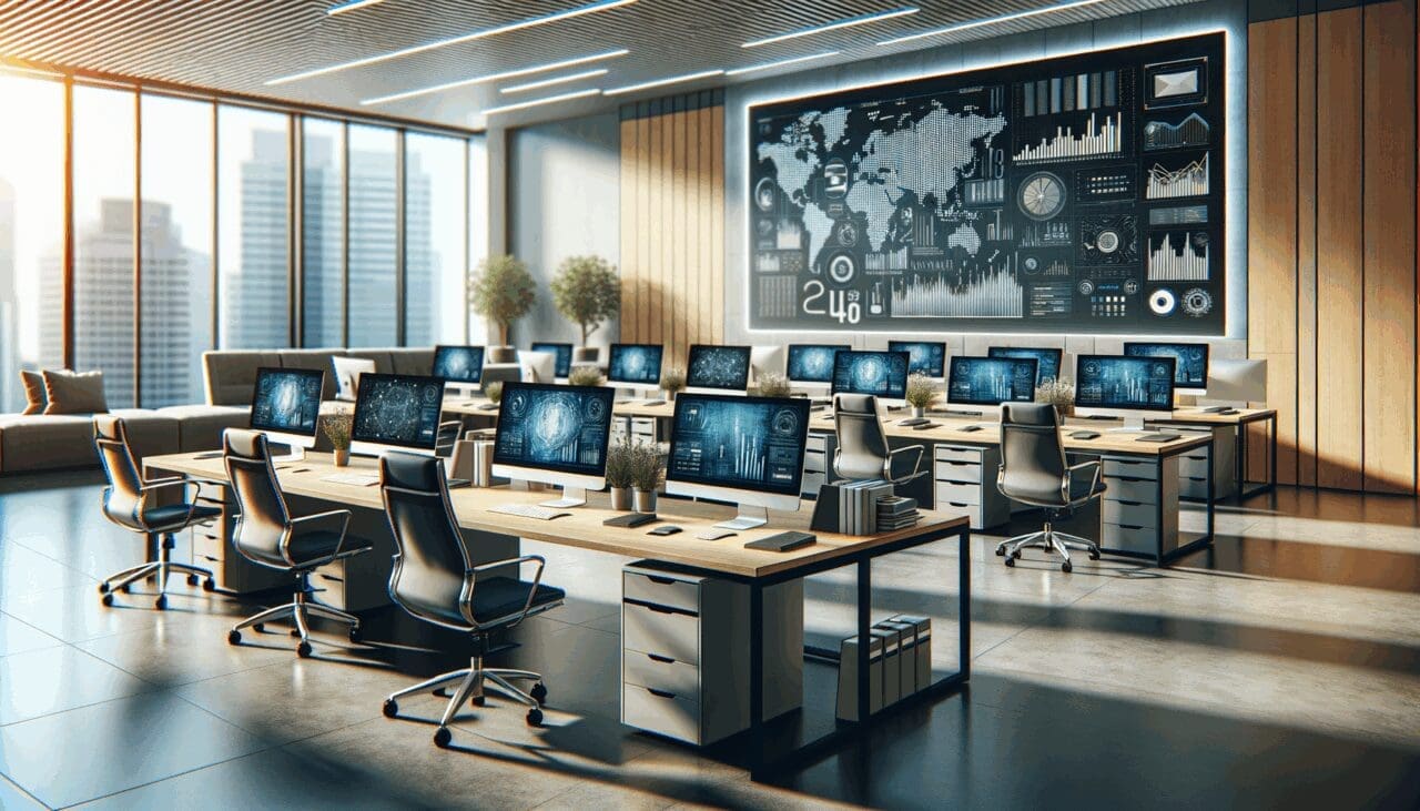 Oficina moderna con equipo tecnológico trabajando en computadoras y pantallas con gráficos de datos.