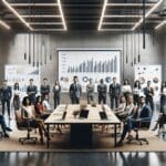 Emprendedores reunidos en una sala de juntas moderna, laptops y pizarras con diagramas de crecimiento.