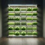 Cultivo interior vertical de vegetales verdes iluminado con luces LED en ambiente moderno y limpio.