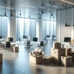 Oficinas modernas vacías con cajas y equipo desmantelado, ambiente de cierre empresarial.