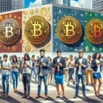 Personas usando teléfonos inteligentes frente a murales de criptomonedas, en una ciudad latinoamericana moderna y vibrante.