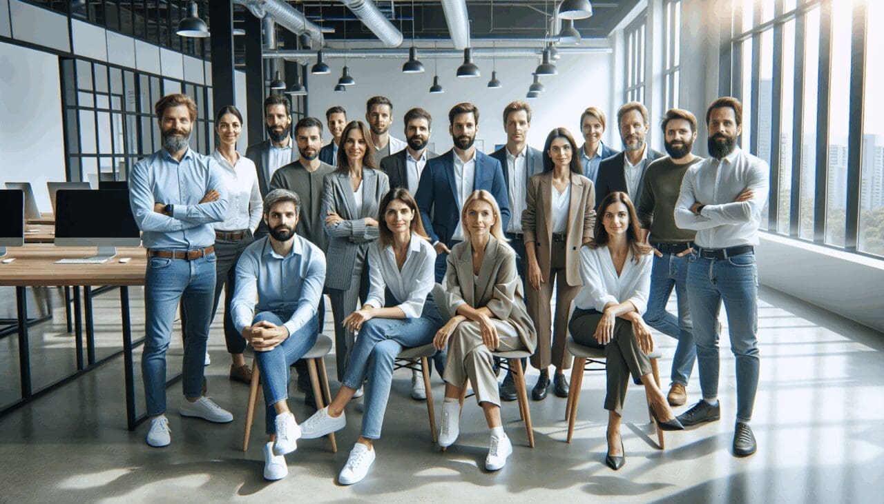 Retrato grupal de profesionales diversos en un espacio moderno de coworking, con ambiente tecnológico.