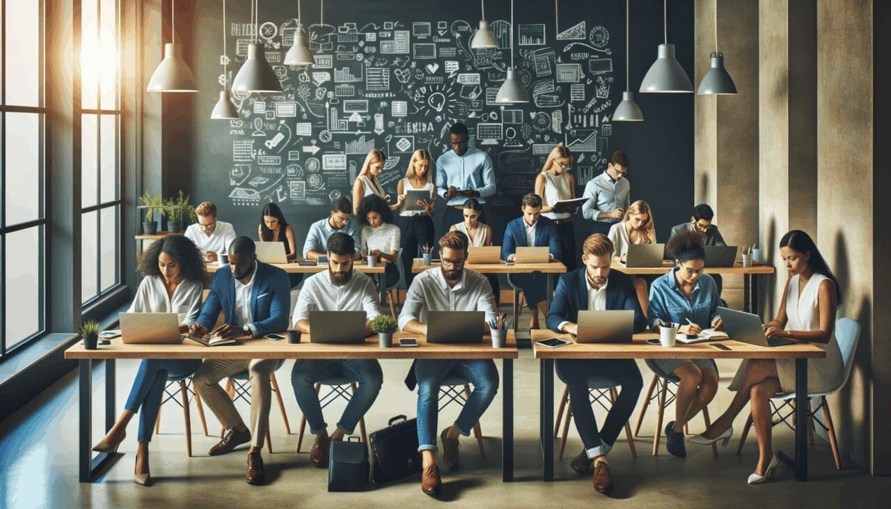 Grupo diverso de emprendedores trabajando juntos en un espacio de coworking moderno, con tecnología y pizarras en el fondo.