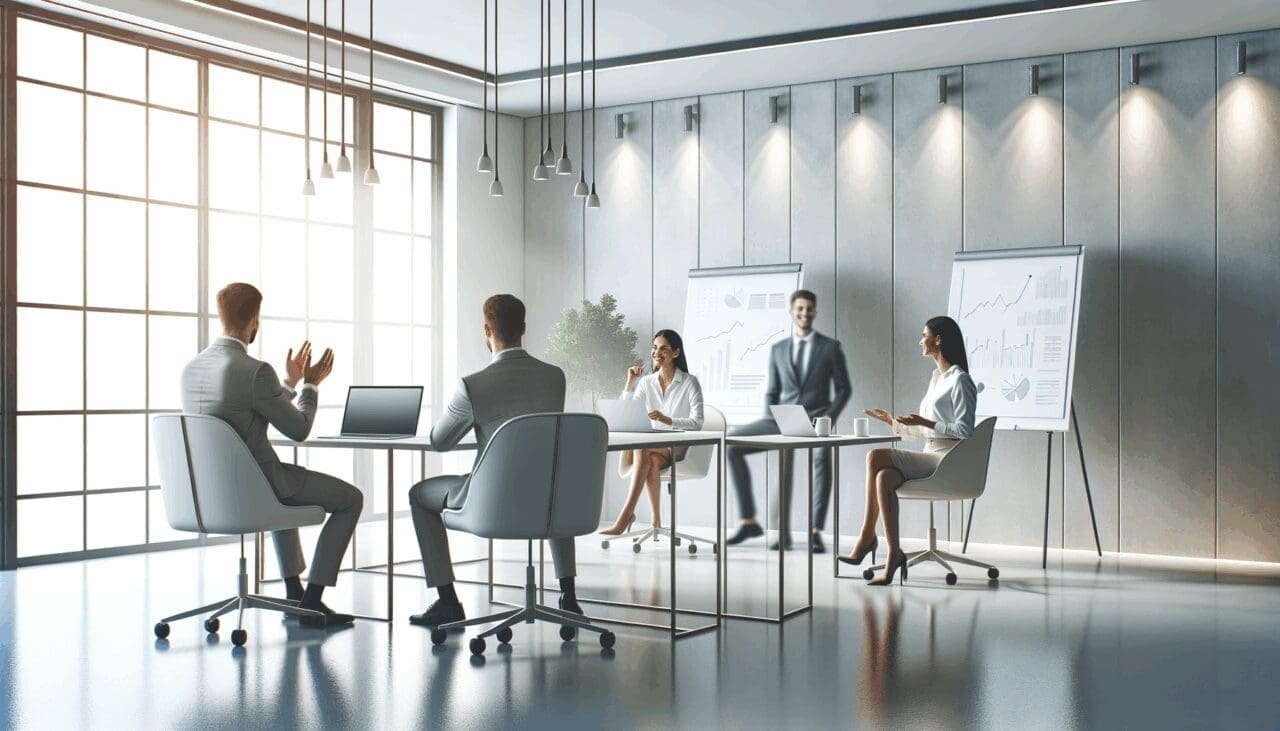 Reunión de emprendedores en una sala moderna con laptops y pizarras blancas.