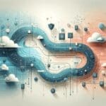 Ilustración minimalista de datos fluyendo a través de una red digital segura, con tonos fríos y fondo abstracto.