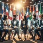 Jóvenes emprendedores conversando en un evento internacional de innovación, con banderas de varios países de fondo.