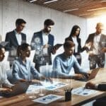 Grupo diverso de emprendedores revisando datos digitales en una oficina moderna.