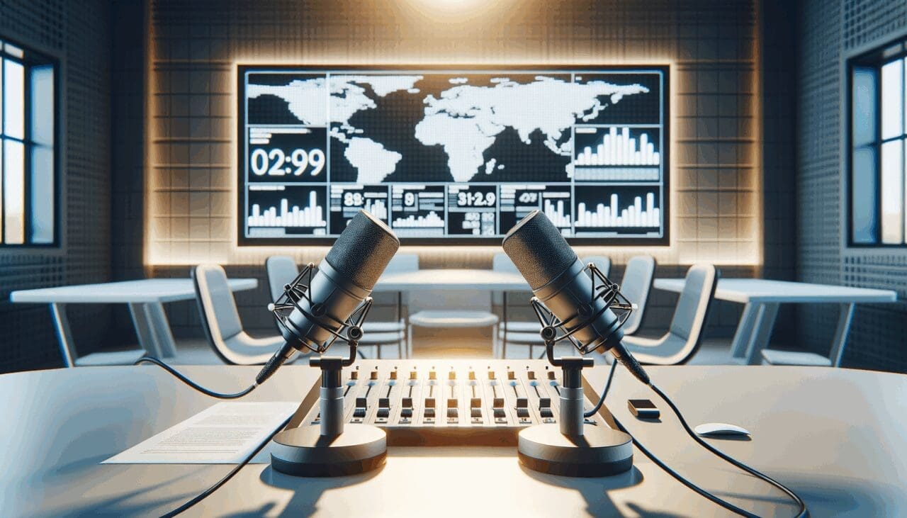 Entrevistado en un estudio de radio, con fondo de pantallas y micrófonos modernos.