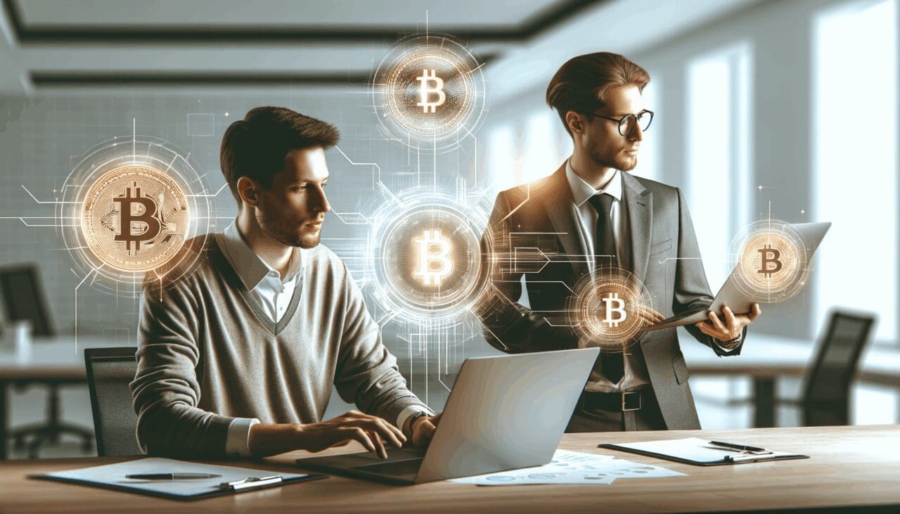 Jóvenes emprendedores en una oficina moderna revisando laptops, con gráficos digitales y símbolos de criptomonedas flotando.