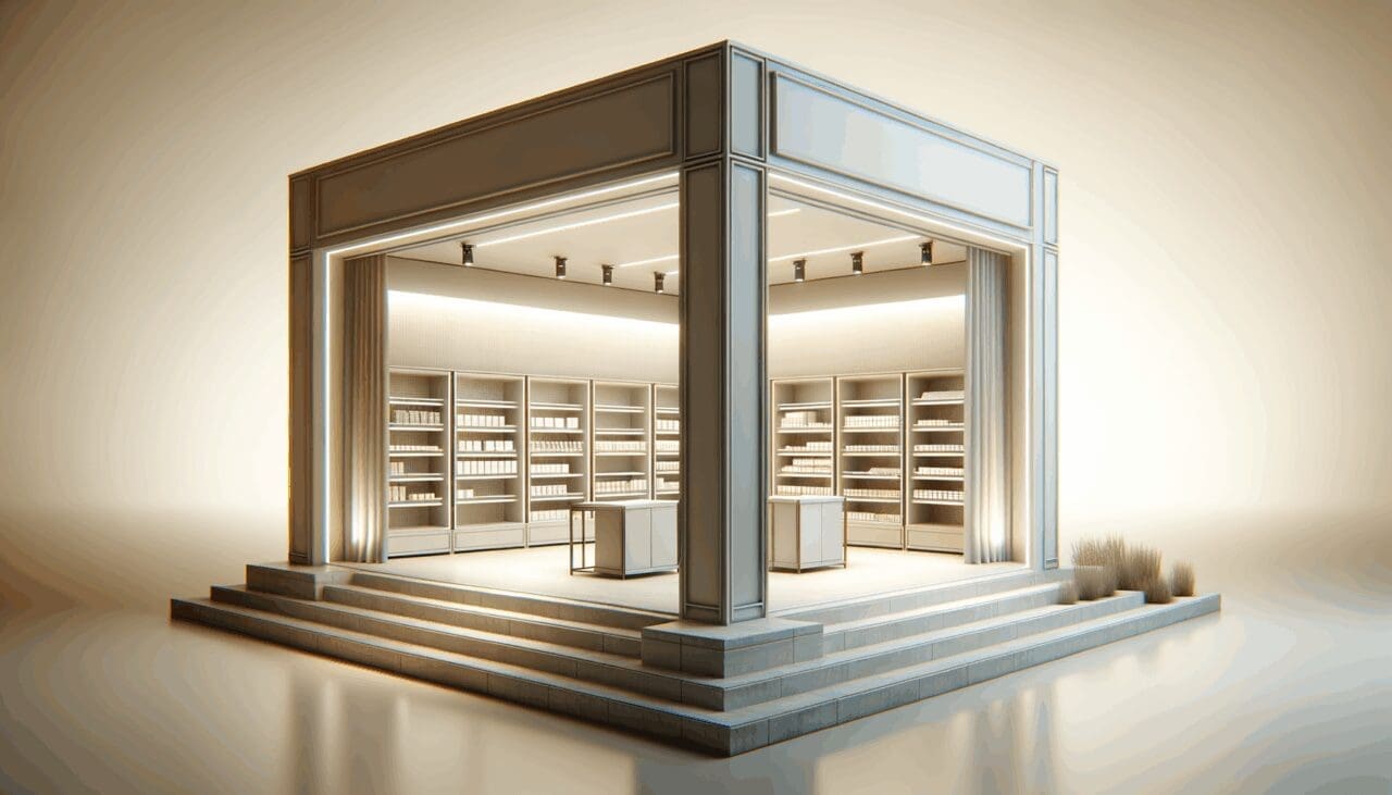 Fachada de supermercado moderno con estanterías vacías y ambiente minimalista.