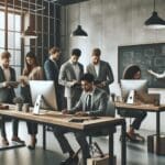 Grupo de emprendedores colaborando en un espacio de coworking moderno con computadoras y pizarras.