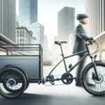 Primer plano de una bicicleta urbana con remolque eléctrico en una ciudad moderna, fondo difuminado.