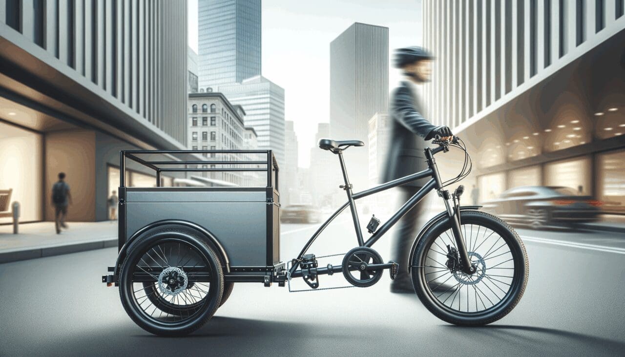 Primer plano de una bicicleta urbana con remolque eléctrico en una ciudad moderna, fondo difuminado.