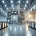 Interior de una planta industrial de alta tecnología con baterías y equipos energéticos