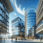 Edificios modernos en un centro tecnológico bajo un cielo azul